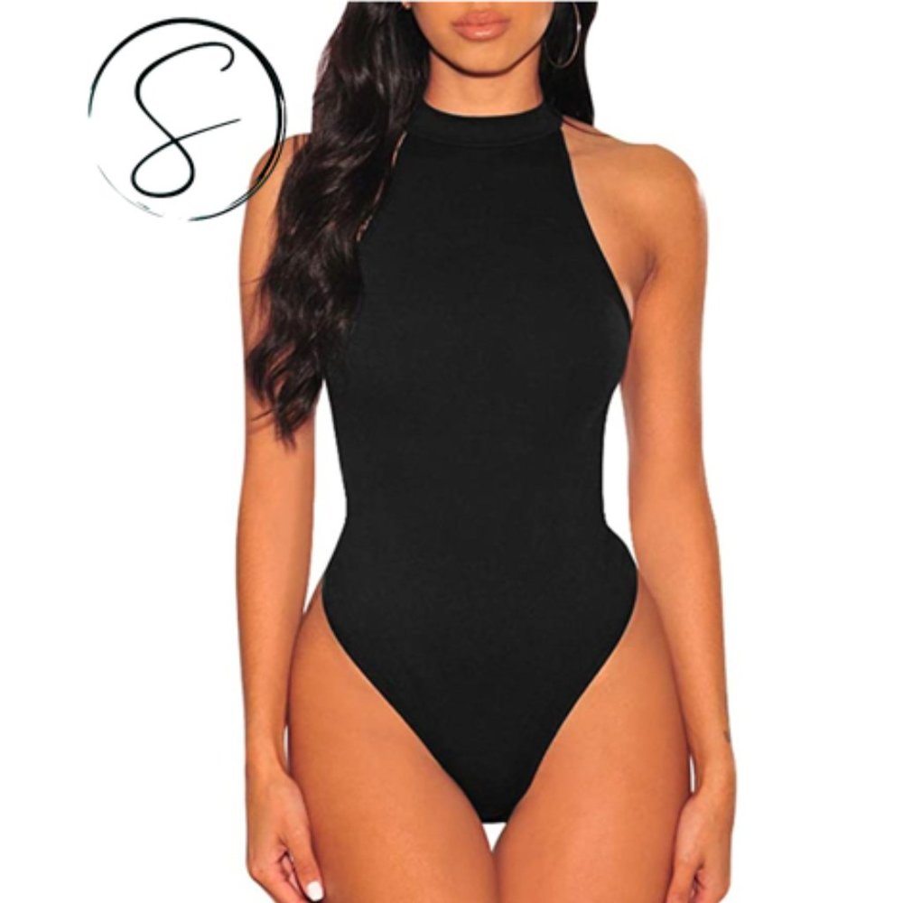 Black Bodycon Bodysuit High Waist Breathable Sleeveless Scoop Neck